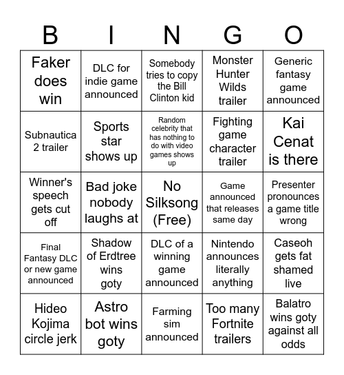 Game Awards Bingo Card