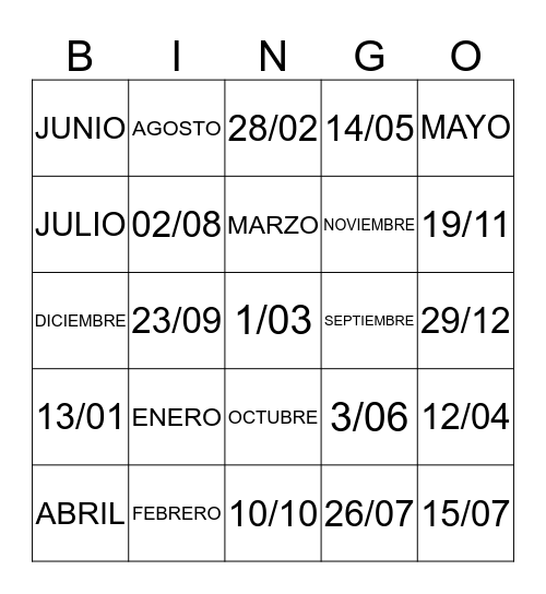 MESES DEL AÑO Bingo Card