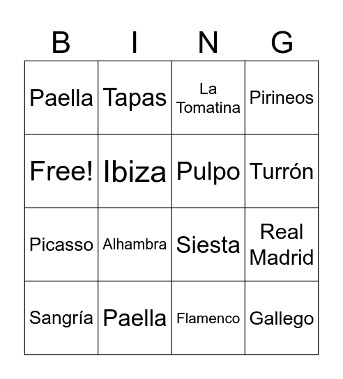 España Bingo Card