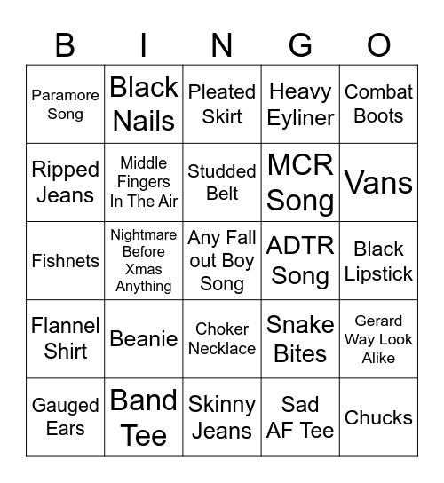 Emo Nite Bingo Card