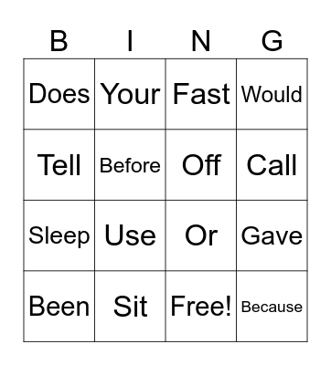 BINGO Sight words 2 Bingo Card