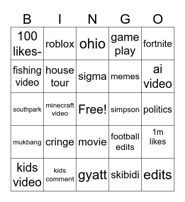 youtube short Bingo Card