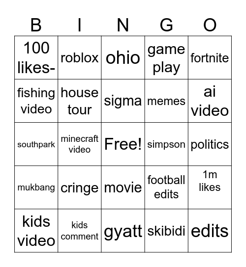 youtube short Bingo Card