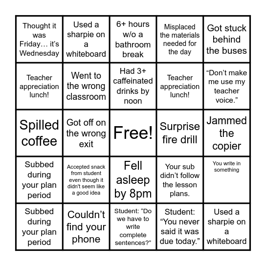 Tired Teacher Bingo Card