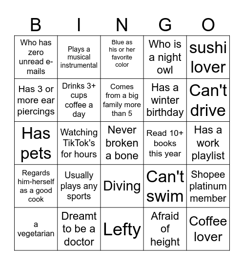 KNOW EACH OTHER Bingo Card