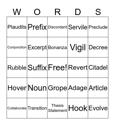 Unit 1 Vocabulary Bingo Card