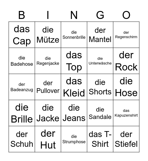 Kleider Bingo Card