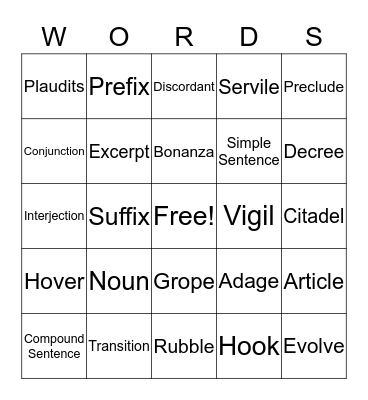 Unit 1 Vocabulary Bingo Card