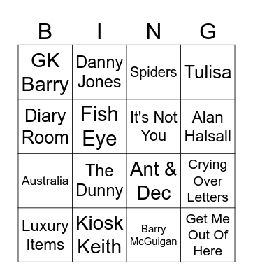 I'm a Celebrity Bingo Card