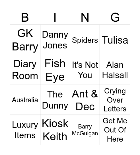 I'm a Celebrity Bingo Card