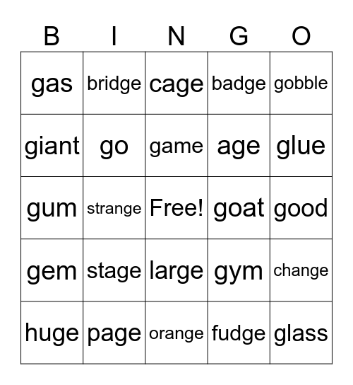 Soft G Hard G Bingo Card