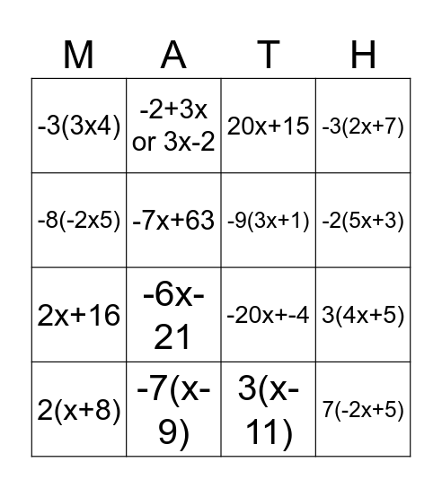 Distributive Property Bingo Card