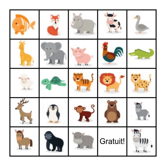 Bingo des animaux Bingo Card