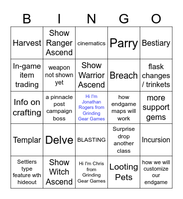 POE 2 GGG Live Bingo Card