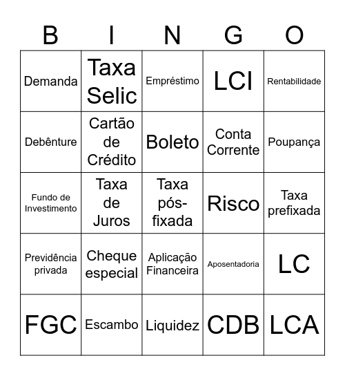 Educação Financeira Bingo Card