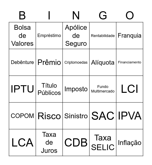 Educação Financeira Bingo Card