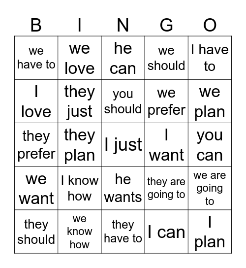 1C Conjugated Verbs used with infinitives Bingo Card