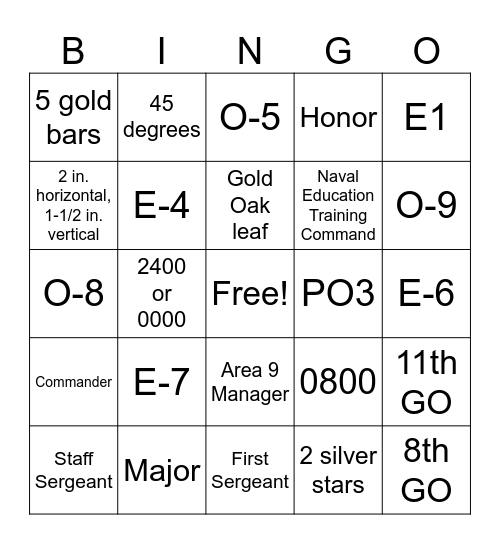 NJROTC Bingo Card