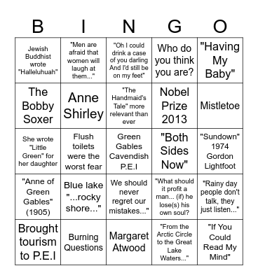 Canadian Literature & Lyrics Bingo Card