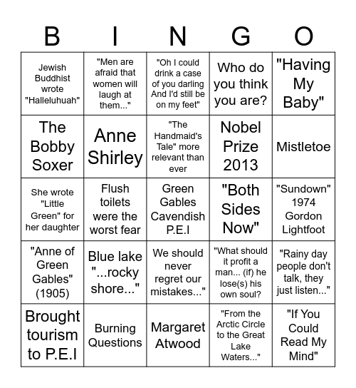 Canadian Literature & Lyrics Bingo Card