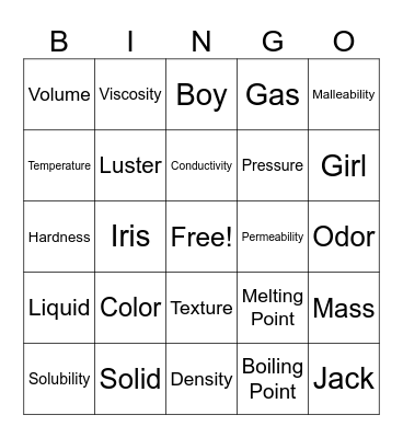 Physical Properties Bingo Card