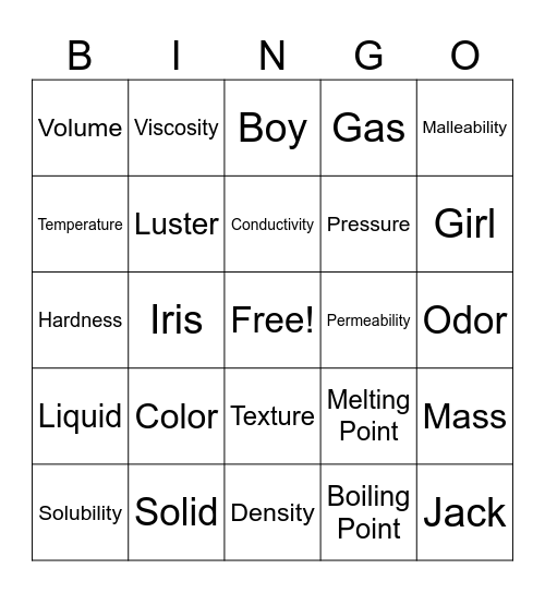 Physical Properties Bingo Card