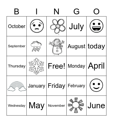 Calendar Words Bingo Card