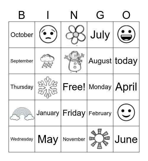 Calendar Words Bingo Card