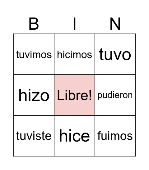 Verbos Irregulares Bingo Card