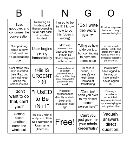 Service Desk Bingo Card