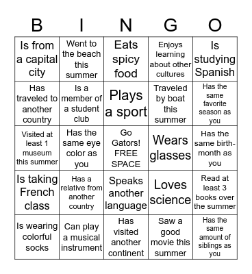Getting to know your classmates Bingo Card