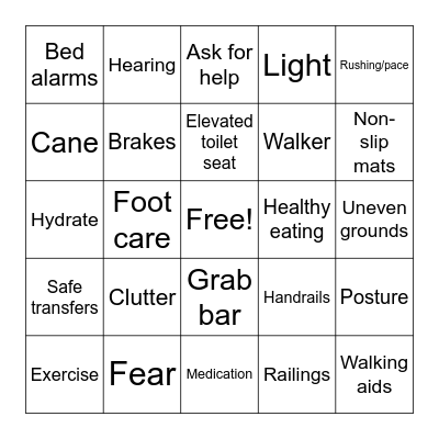 Fall Prevention Bingo Card