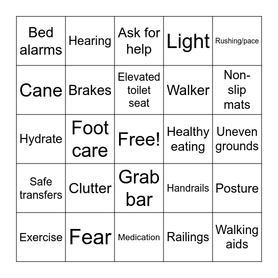 Fall Prevention Bingo Card