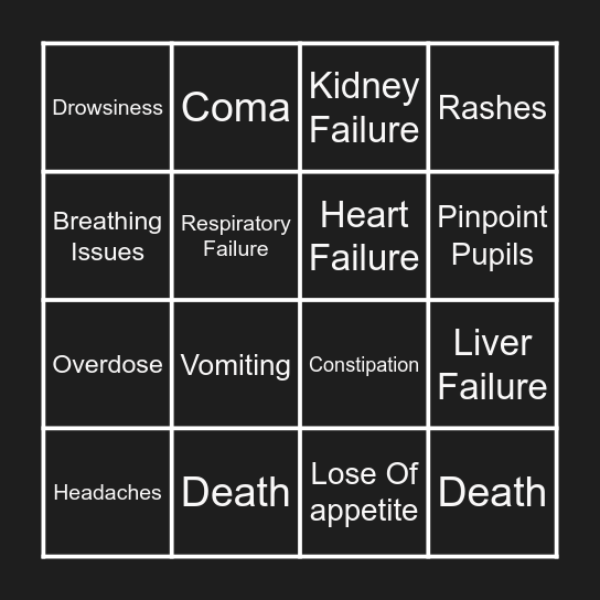 Effects From Fentanyl Bingo Card