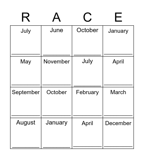 Birthday RACE Bingo Card