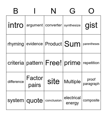 4th grade bingo Card