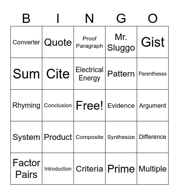 4th Grade Bingo Card