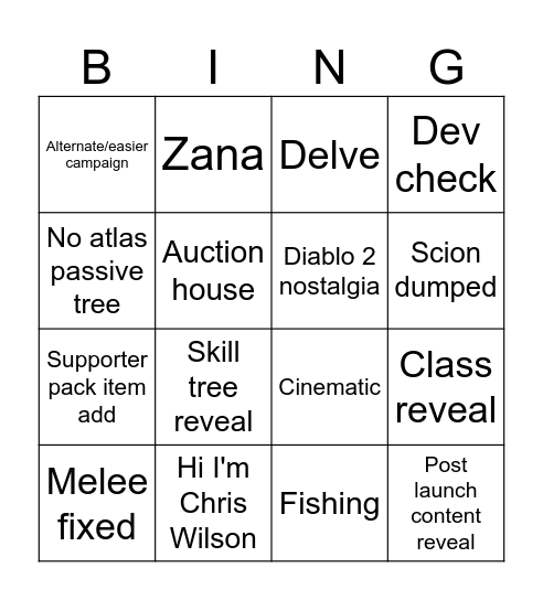 PoE 2 reveal stream Bingo Card