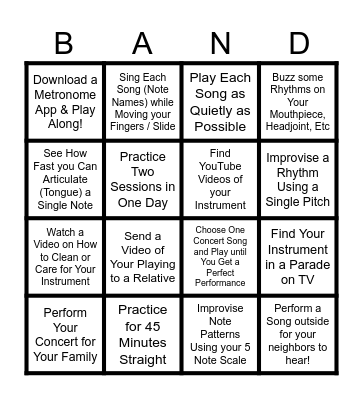 Thanksgiving Break Band BINGO Card