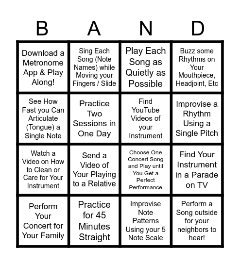 Thanksgiving Break Band BINGO Card