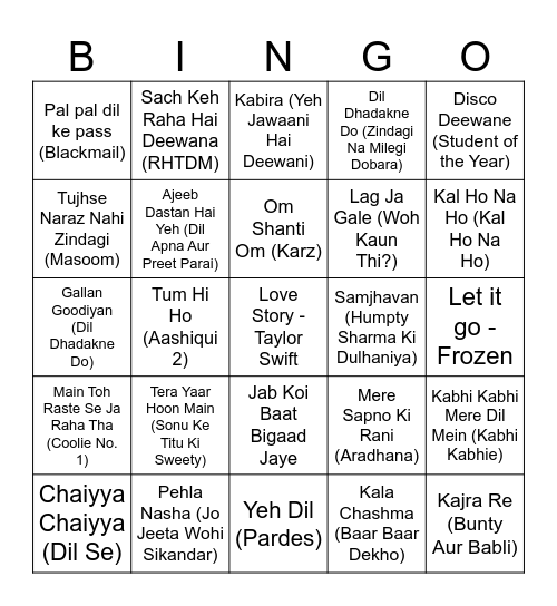 Bollywood Karaoke Bingo Card