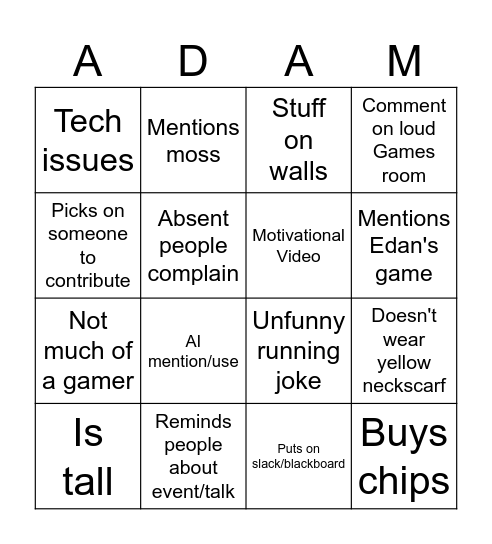 The Ultimate Adam Bingo Card