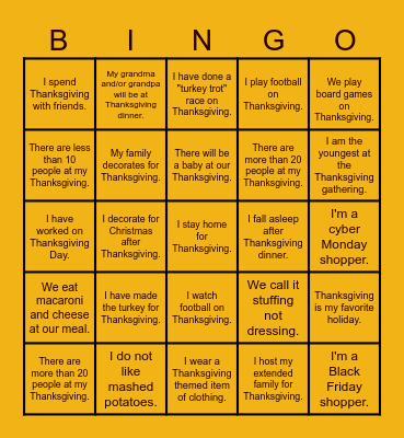 Thanksgiving is Near! BINGO Time! Bingo Card