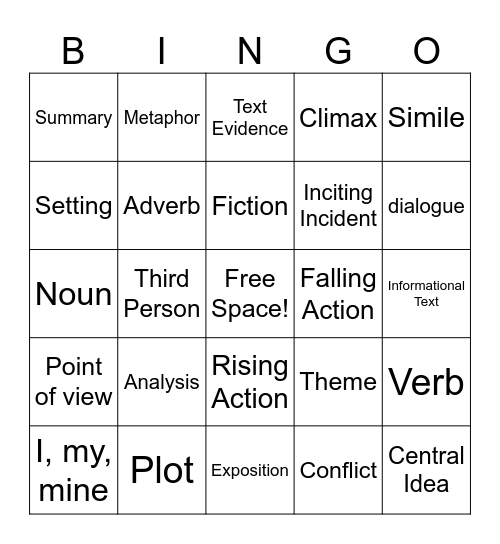 8th Grade ELA Bingo Card