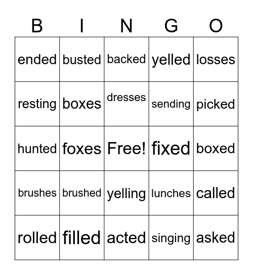 Suffixes es, ed,  ing Bingo Card