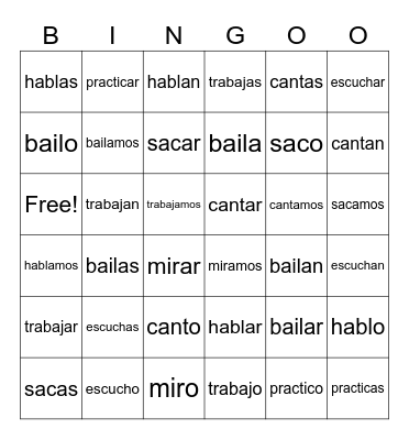 AR verbs infinitives and conjugation Bingo Card