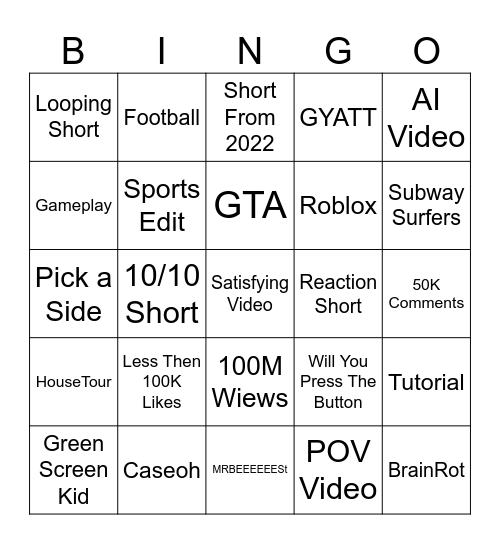 YT Shorts Bingo Card