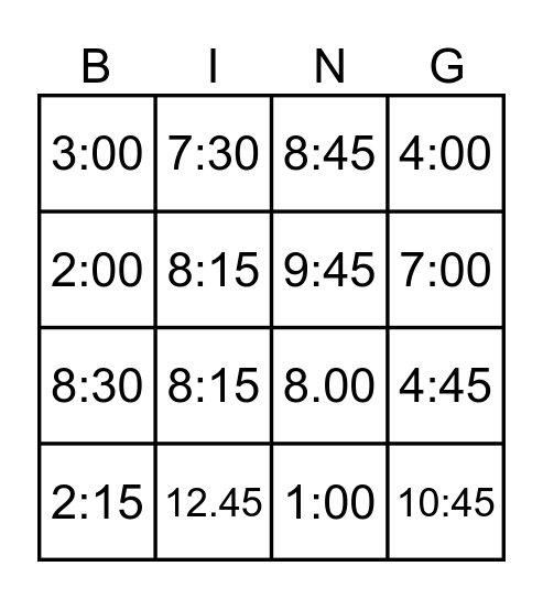 TIME TIME Bingo Card