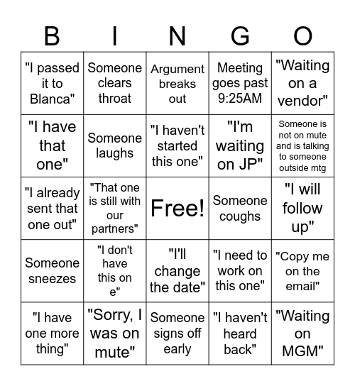 Sales Meeting Bingo Card