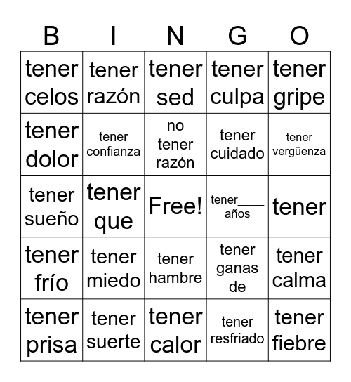 Tener expressions Bingo Card